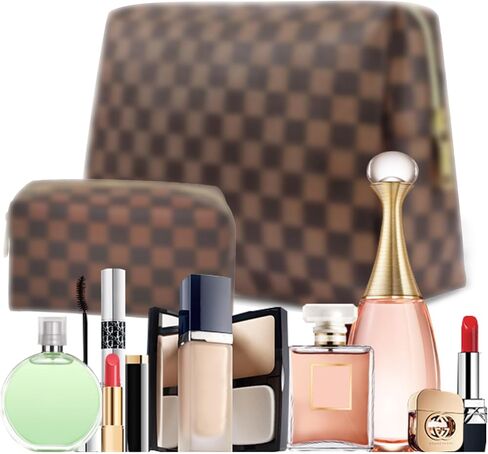 Checkered Makeup Bag Set for Women, 2PCS PU Leather Cosmetic Bag, Large Travel Toiletry Organizer with Small Zipper Pouch, Water-Resistant Makeup Bag for Travel in Kuwait