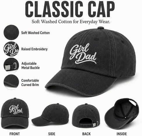 Girl and Dad Hat for Men, Washed Cotton Adjustable Baseball Cap with White Script Embroidery in Saudi Arabia