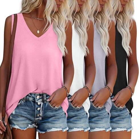 4 Pack Women's Tank Tops Loose Fit V Neck Sleeveless Shirts Summer Casual Tees 2026 Beach Vacation Outfits in Saudi Arabia