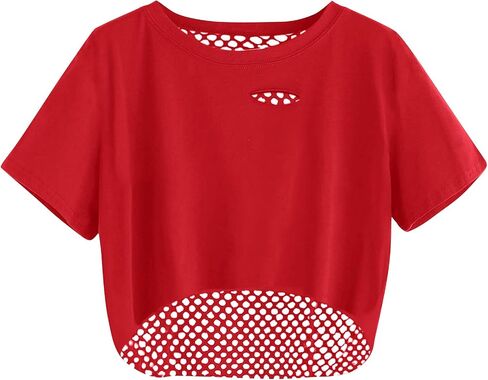 Remidoo Women Fishnet Crop Top High Low Tops Short Sleeve Patchwork Cut Out Shirt in Kuwait