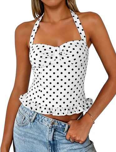 FOMELY Women Polka Dot Halter Top Y2K Tie Backless Going Out Streetwear in Saudi Arabia