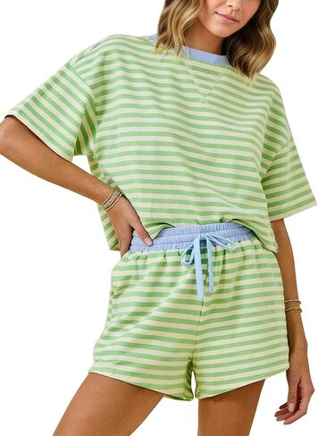 MSBESYOR 2 Piece Striped Lounge Sets, Summer Casual Travel Shorts Outfits Light Green in Saudi Arabia