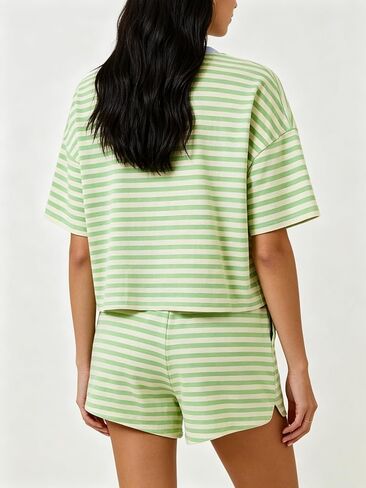 MSBESYOR 2 Piece Striped Lounge Sets, Summer Casual Travel Shorts Outfits Light Green in Saudi Arabia