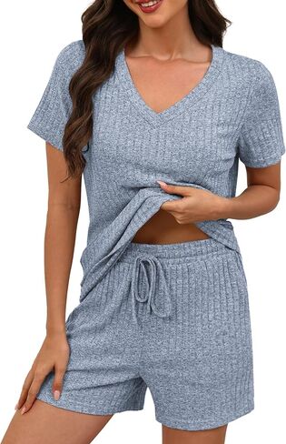 KCW Womens Lounge Set 2 Piece Short Sets Ribbed Knit V-Neck Summer Pajama Outfits in Saudi Arabia