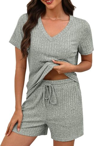 KCW Womens Lounge Set 2 Piece Short Sets Ribbed Knit V-Neck Summer Pajama Outfits in Kuwait