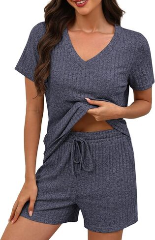 KCW Womens Lounge Set 2 Piece Short Sets Ribbed Knit V-Neck Summer Pajama Outfits in Kuwait