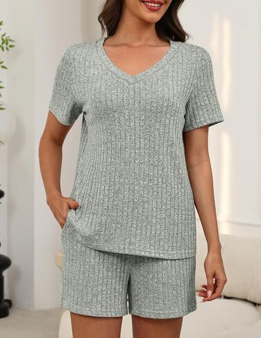 KCW Womens Lounge Set 2 Piece Short Sets Ribbed Knit V-Neck Summer Pajama Outfits in Kuwait