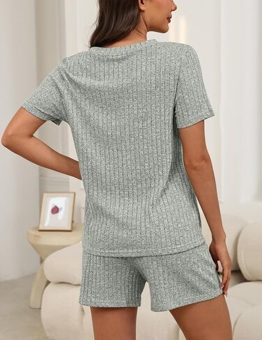 KCW Womens Lounge Set 2 Piece Short Sets Ribbed Knit V-Neck Summer Pajama Outfits in Kuwait