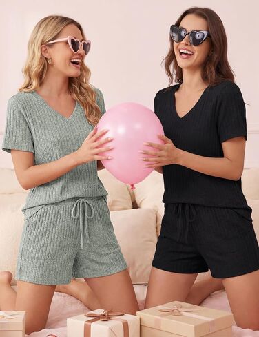KCW Womens Lounge Set 2 Piece Short Sets Ribbed Knit V-Neck Summer Pajama Outfits in Kuwait