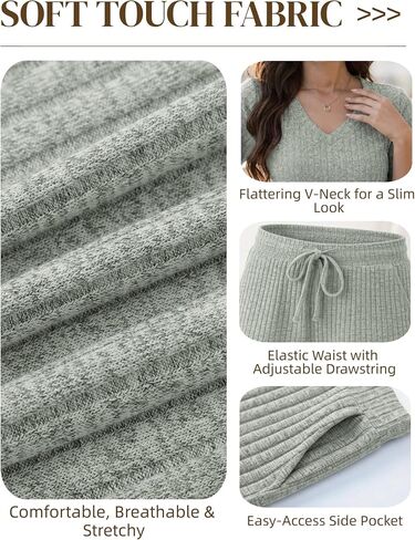 KCW Womens Lounge Set 2 Piece Short Sets Ribbed Knit V-Neck Summer Pajama Outfits in Kuwait
