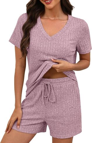 KCW Womens Lounge Set 2 Piece Short Sets Ribbed Knit V-Neck Summer Pajama Outfits in Kuwait