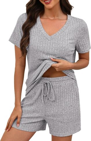 KCW Womens Lounge Set 2 Piece Short Sets Ribbed Knit V-Neck Summer Pajama Outfits in Kuwait