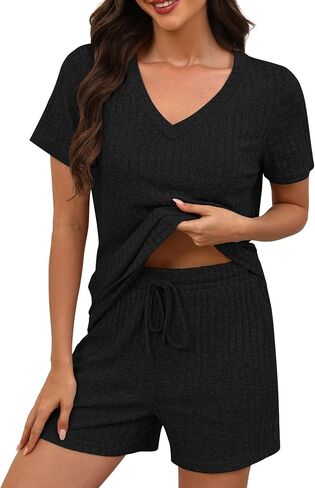 KCW Womens Lounge Set 2 Piece Short Sets Ribbed Knit V-Neck Summer Pajama Outfits in Kuwait