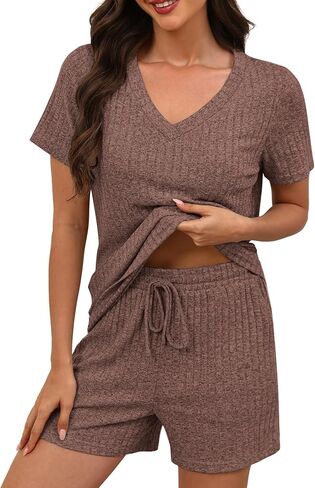 KCW Womens Lounge Set 2 Piece Short Sets Ribbed Knit V-Neck Summer Pajama Outfits in Kuwait