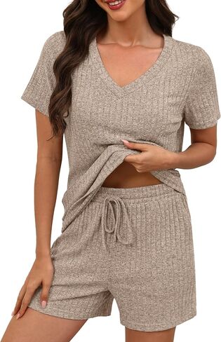 KCW Womens Lounge Set 2 Piece Short Sets Ribbed Knit V-Neck Summer Pajama Outfits in Kuwait