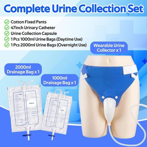 Wearable Urine Collection Set Reusable Condom Catheters for Elderly Men - Portable Anti Reflux External Silicone Urinal Collector with 47" Urinary Catheter & 4 Catheter Bags [1000ml & 2000ml] in Kuwait