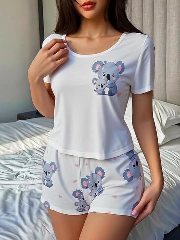 Women's pajama Set, Cartoon Print Short Sleeve Top and Shorts, Crew Neck Lounge Sleepwear for Indoor Outdoor Home Wear in Kuwait
