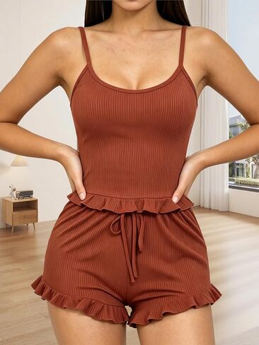Women Pajamas Sets 2 Piece Cute Sexy Lingerie Sleepwear Lounge PJs Matching Sets for Women Ruffle Cami Tank Top Nightwear in Kuwait