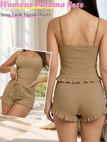 Women Pajamas Sets 2 Piece Cute Sexy Lingerie Sleepwear Lounge PJs Matching Sets for Women Ruffle Cami Tank Top Nightwear in Kuwait