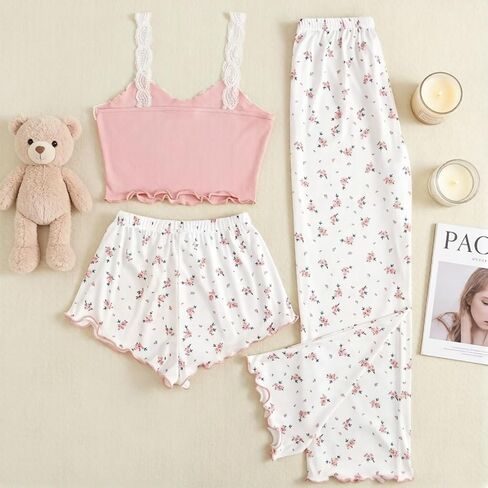 Women's 3 Piece Floral Pajama Set, Lace Cami Top with Shorts & Pants, Soft Cute Summer Casual Loungewear Sleepwear in Kuwait