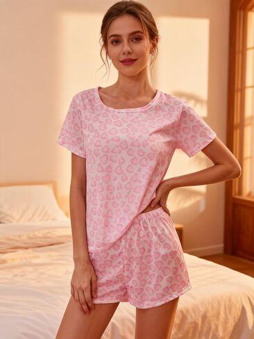 Womens Two Piece Pajama Set Soft Comfy Heart Print Sleepwear Short Sleeve Loungewear for Summer Nights Casual Clothing in Kuwait
