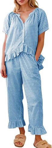 Womens 2 Piece Gingham Pajamas Set Cute Plaid Pjs Cotton Short Sleeve Babydoll Shirt Ruffle Pants Lounge Sets Blue in Saudi Arabia