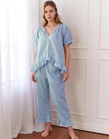 Womens 2 Piece Gingham Pajamas Set Cute Plaid Pjs Cotton Short Sleeve Babydoll Shirt Ruffle Pants Lounge Sets Blue in Saudi Arabia
