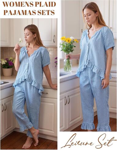 Womens 2 Piece Gingham Pajamas Set Cute Plaid Pjs Cotton Short Sleeve Babydoll Shirt Ruffle Pants Lounge Sets Blue in Saudi Arabia