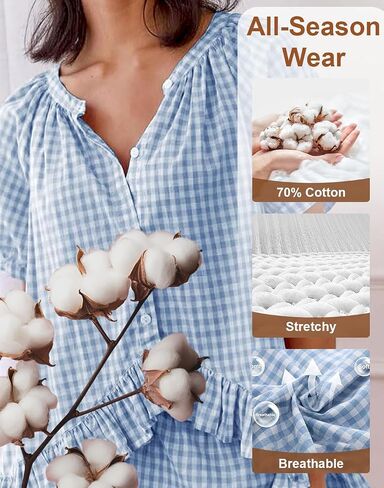 Womens 2 Piece Gingham Pajamas Set Cute Plaid Pjs Cotton Short Sleeve Babydoll Shirt Ruffle Pants Lounge Sets Blue in Saudi Arabia
