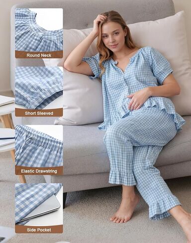 Womens 2 Piece Gingham Pajamas Set Cute Plaid Pjs Cotton Short Sleeve Babydoll Shirt Ruffle Pants Lounge Sets Blue in Saudi Arabia