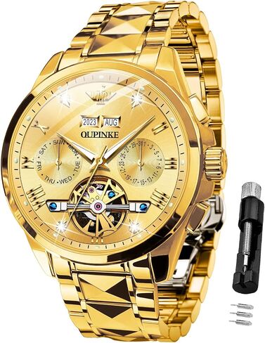 OUPINKE Automatic Watches for Men Skeleton Mechanical Self Winding Luxury Business Dress Wrist Watch Diamond Tungsten Steel Sapphire Crystal Calendar Waterproof Luminous Gold in Saudi Arabia