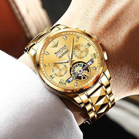 OUPINKE Automatic Watches for Men Skeleton Mechanical Self Winding Luxury Business Dress Wrist Watch Diamond Tungsten Steel Sapphire Crystal Calendar Waterproof Luminous Gold in Saudi Arabia