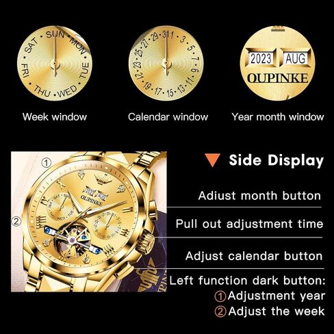 OUPINKE Automatic Watches for Men Skeleton Mechanical Self Winding Luxury Business Dress Wrist Watch Diamond Tungsten Steel Sapphire Crystal Calendar Waterproof Luminous Gold in Saudi Arabia
