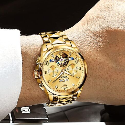 OUPINKE Automatic Watches for Men Skeleton Mechanical Self Winding Luxury Business Dress Wrist Watch Diamond Tungsten Steel Sapphire Crystal Calendar Waterproof Luminous Gold in Saudi Arabia