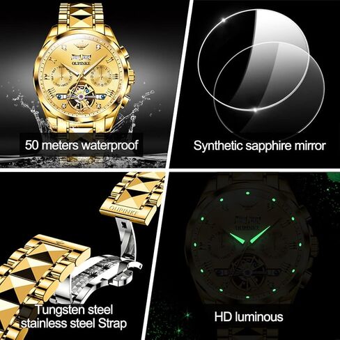 OUPINKE Automatic Watches for Men Skeleton Mechanical Self Winding Luxury Business Dress Wrist Watch Diamond Tungsten Steel Sapphire Crystal Calendar Waterproof Luminous Gold in Saudi Arabia