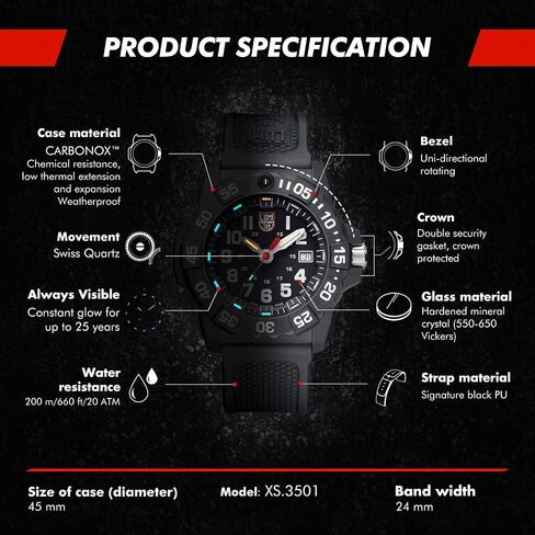 ساعة Luminox Navy Seal للرجال بمينا أسود (سلسلة XS.3501/3500): مقاومة للماء حتى عمق 200 متر + هيكل وسوار من الكربون خفيف الوزن + رؤية ليلية ثابتة in Kuwait