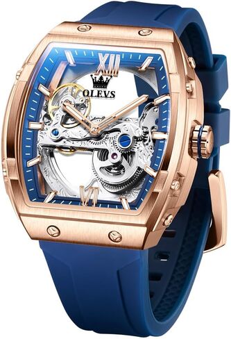 OLEVS Watches for Men Fully Skeletonized Shape Automatic Self Winding Mechanical Luxury Dress Silicone Waterproof Luminous Men Square Wrist Watch in Kuwait