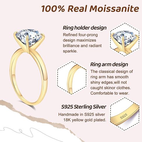 Solitaire Moissanite Engagement Ring for Women, D Color VVS1 Clarity, 18K Yellow Gold Plated 925 Sterling Silver, Perfect Wedding Ring, Proposal Gift, Elegant Moissanite Ring for Women 3CT Size 6 in Saudi Arabia