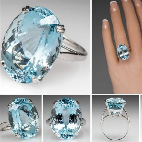 MAIHAO Vintage Fashion Women 925 Silver Oval Cut Aquamarine Gemstone Ring Engagement Wedding Jewelry Size 5-11 (US Code 6) in Kuwait