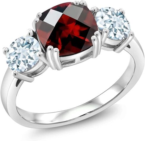 Gem Stone King 3.40 Cttw Red Garnet and Sky Blue Aquamarine 3 Stone Engagement Ring For Women | 925 Sterling Silver | Gemstone January Birthstone | Cushion Checkerboard 8MM and Round 5MM in Kuwait