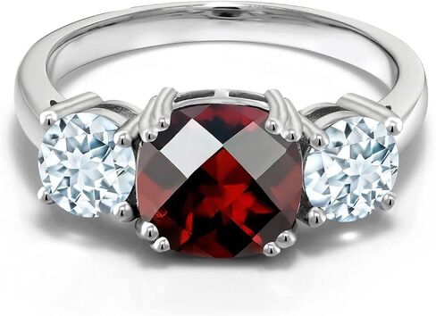 Gem Stone King 3.40 Cttw Red Garnet and Sky Blue Aquamarine 3 Stone Engagement Ring For Women | 925 Sterling Silver | Gemstone January Birthstone | Cushion Checkerboard 8MM and Round 5MM in Kuwait