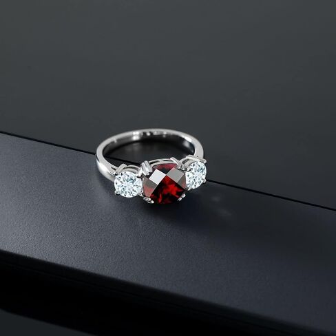 Gem Stone King 3.40 Cttw Red Garnet and Sky Blue Aquamarine 3 Stone Engagement Ring For Women | 925 Sterling Silver | Gemstone January Birthstone | Cushion Checkerboard 8MM and Round 5MM in Kuwait