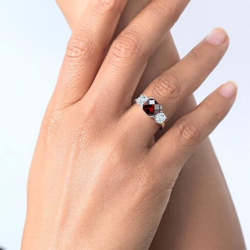 Gem Stone King 3.40 Cttw Red Garnet and Sky Blue Aquamarine 3 Stone Engagement Ring For Women | 925 Sterling Silver | Gemstone January Birthstone | Cushion Checkerboard 8MM and Round 5MM in Kuwait