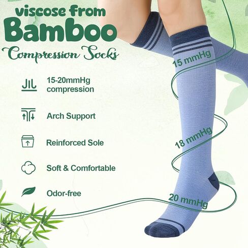 3 Pairs Bamboo Compression Socks for Women and Men 15–20 mmHg Graduated Knee High Support in Kuwait