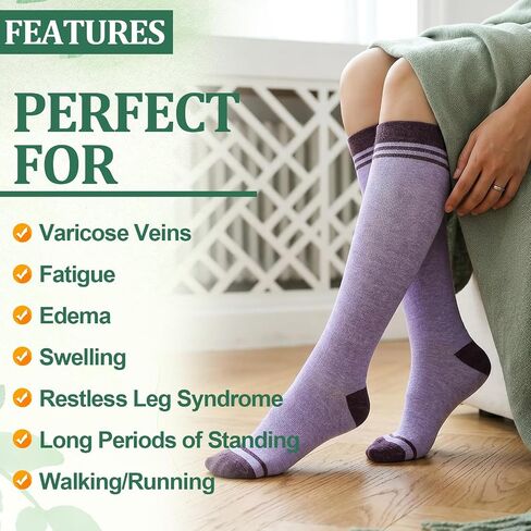 3 Pairs Bamboo Compression Socks for Women and Men 15–20 mmHg Graduated Knee High Support in Kuwait