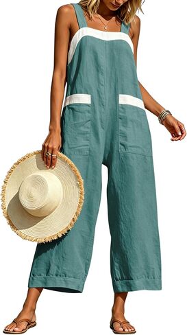 Himosyber Women's Cotton Linen Jumpsuits Color Block Wide Leg Overalls Adjustable Strap Casual Summer Rompers with Pockets (Bluegreen-M) in Saudi Arabia