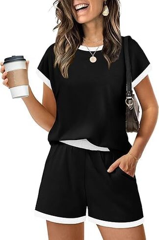 Two Piece Sets for Women's Summer Lounge Short Sets Cap Sleeve Crew Neck Sweatsuit with Pocket S-2XL in Kuwait