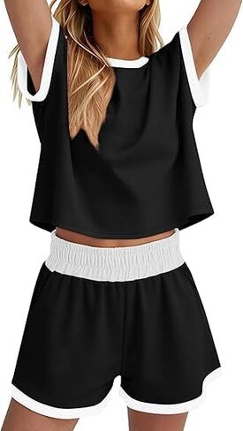 Two Piece Sets for Women's Summer Lounge Short Sets Cap Sleeve Crew Neck Sweatsuit with Pocket S-2XL in Kuwait