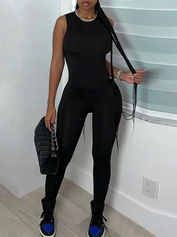 Elegant Black One-Piece Outfit for Women, Sleeveless Bodycon Jumpsuit with Crew Neck in Kuwait