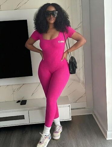 Women's Hot Pink Ribbed Short Sleeve Jumpsuit Bodycon One-Piece Unitard in Kuwait